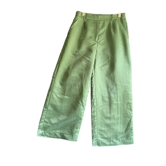 NWT Missguided Pleated Wide Leg Cropped Pants Women's Shiny 8 Green Pockets - Picture 2 of 12